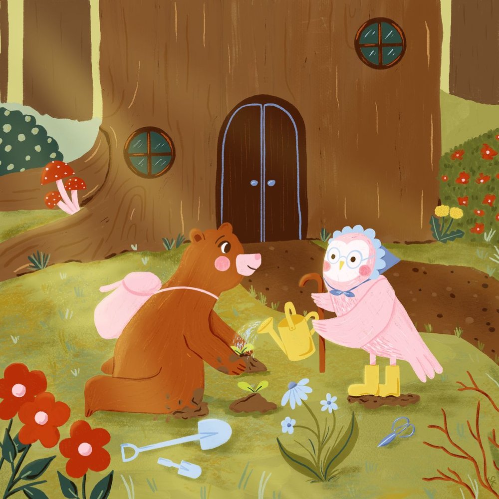 Illustration of a brown bear and a pink owl gardening outside a tree-trunk cottage