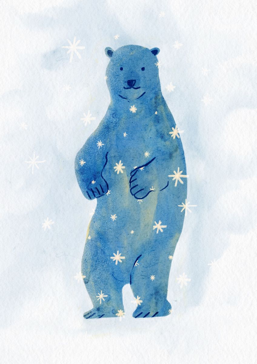 Illustration of a polar bear in blue watercolor with white snowflakes