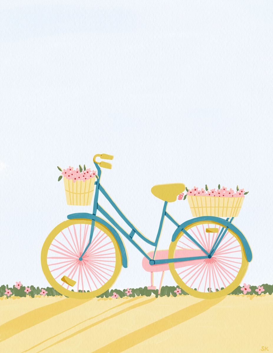 Illustration of a teal and mustard vintage bicycle with baskets of blush flowers