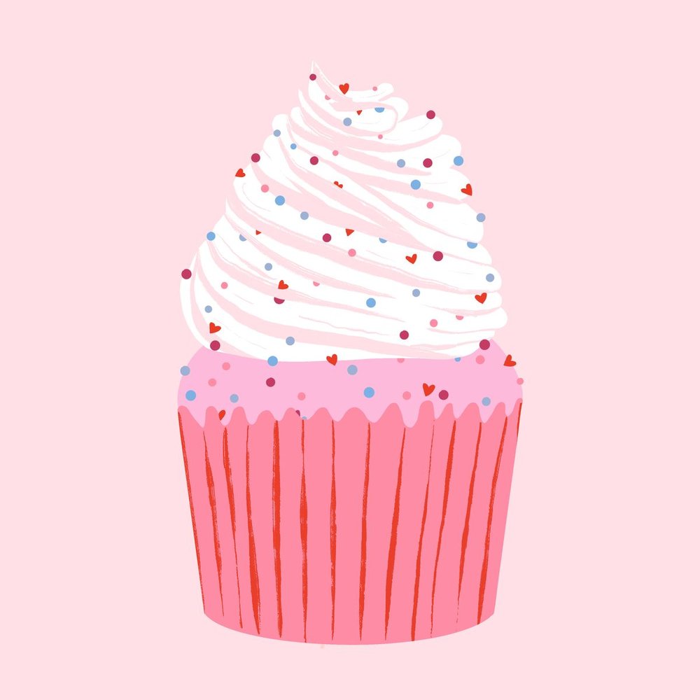 Illustration of a pink cupcake with swirled frosting and heart sprinkles