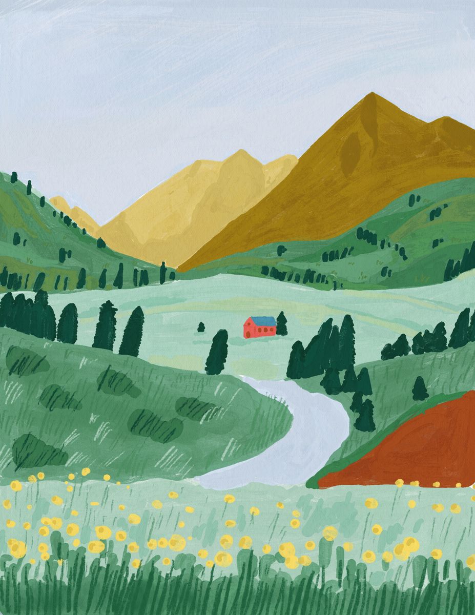 Illustration of a green valley with wildflowers, a red farmhouse, and golden mountains