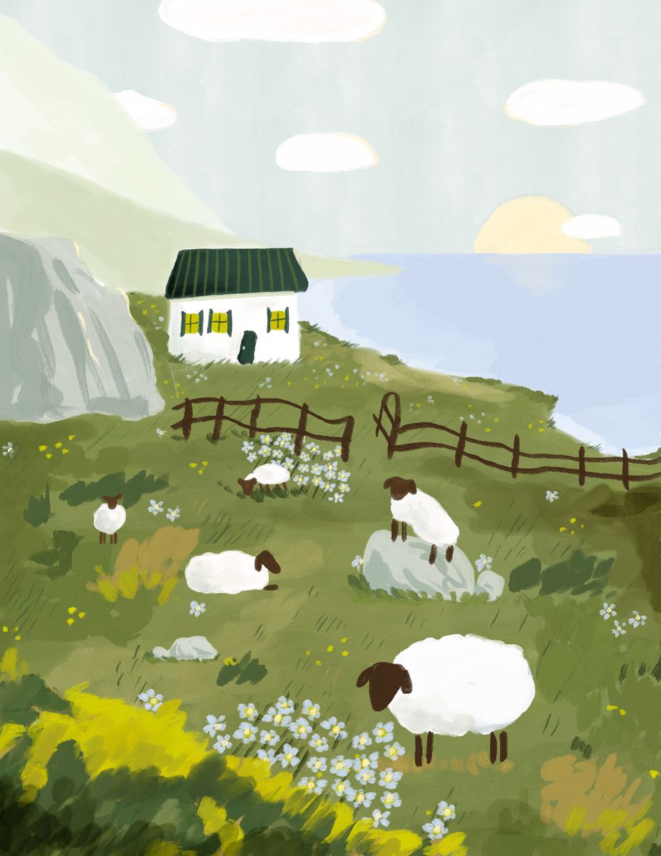 Illustration of a green Irish coast with grazing sheep, a cottage, and blue sea