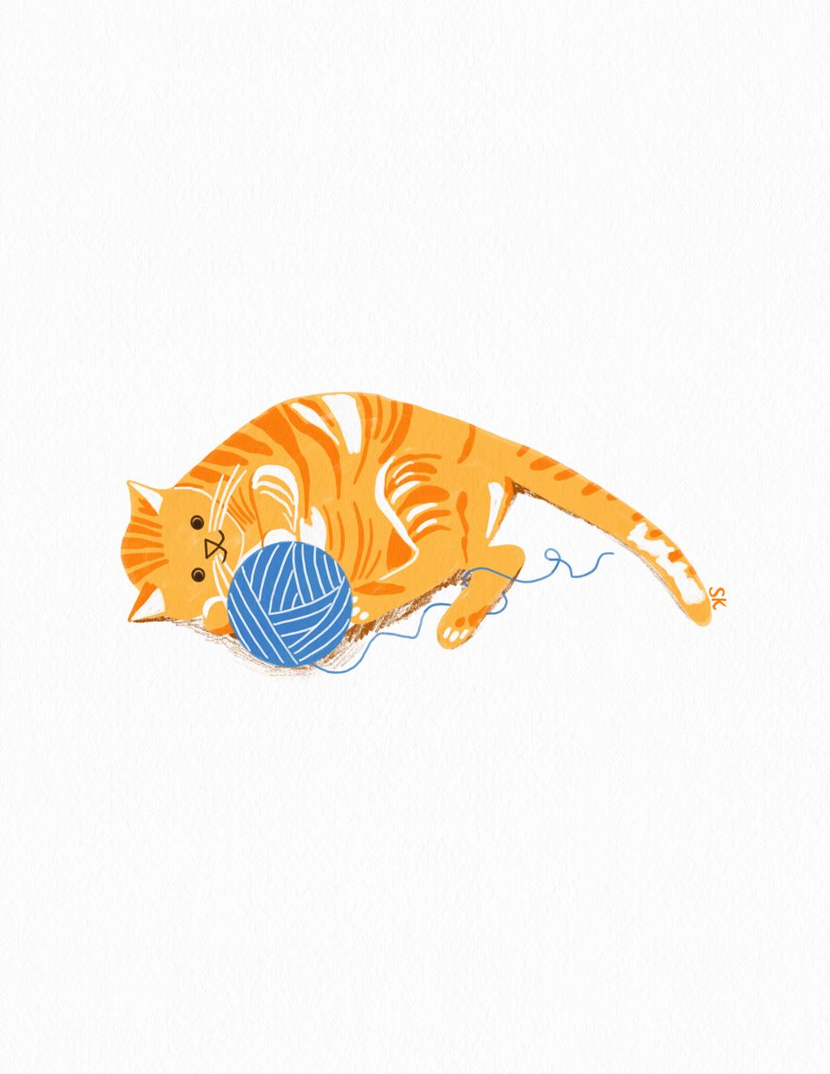 Illustration of an orange tabby cat playing with a blue ball of yarn