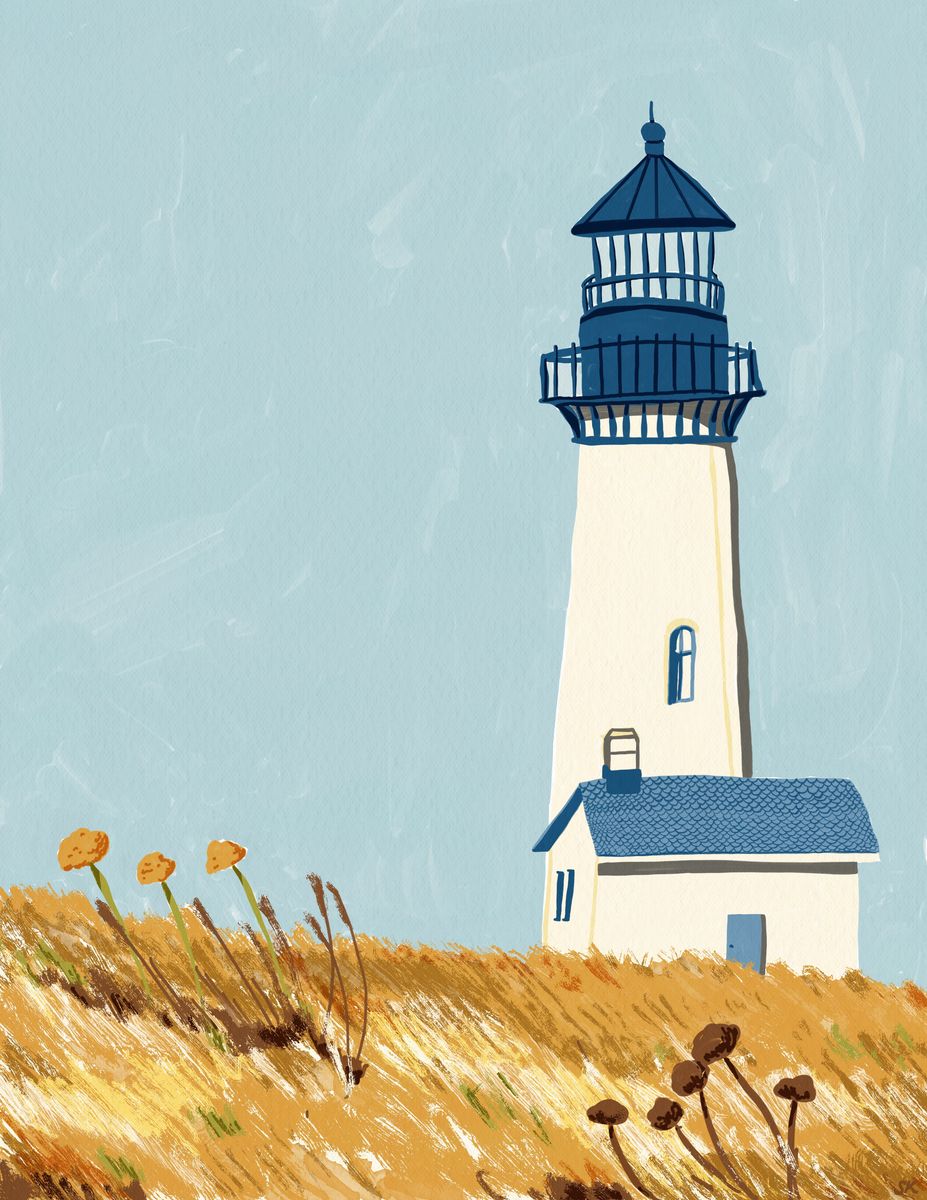 Illustration of a cream and navy lighthouse above golden coastal grasses