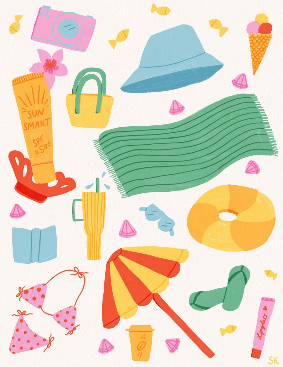 Illustration of beach-day essentials like a hat, towel, umbrella, and ice cream