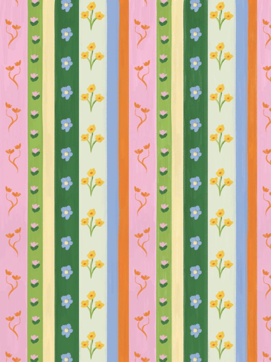 Illustration of a colorful striped pattern dotted with hand-painted flowers