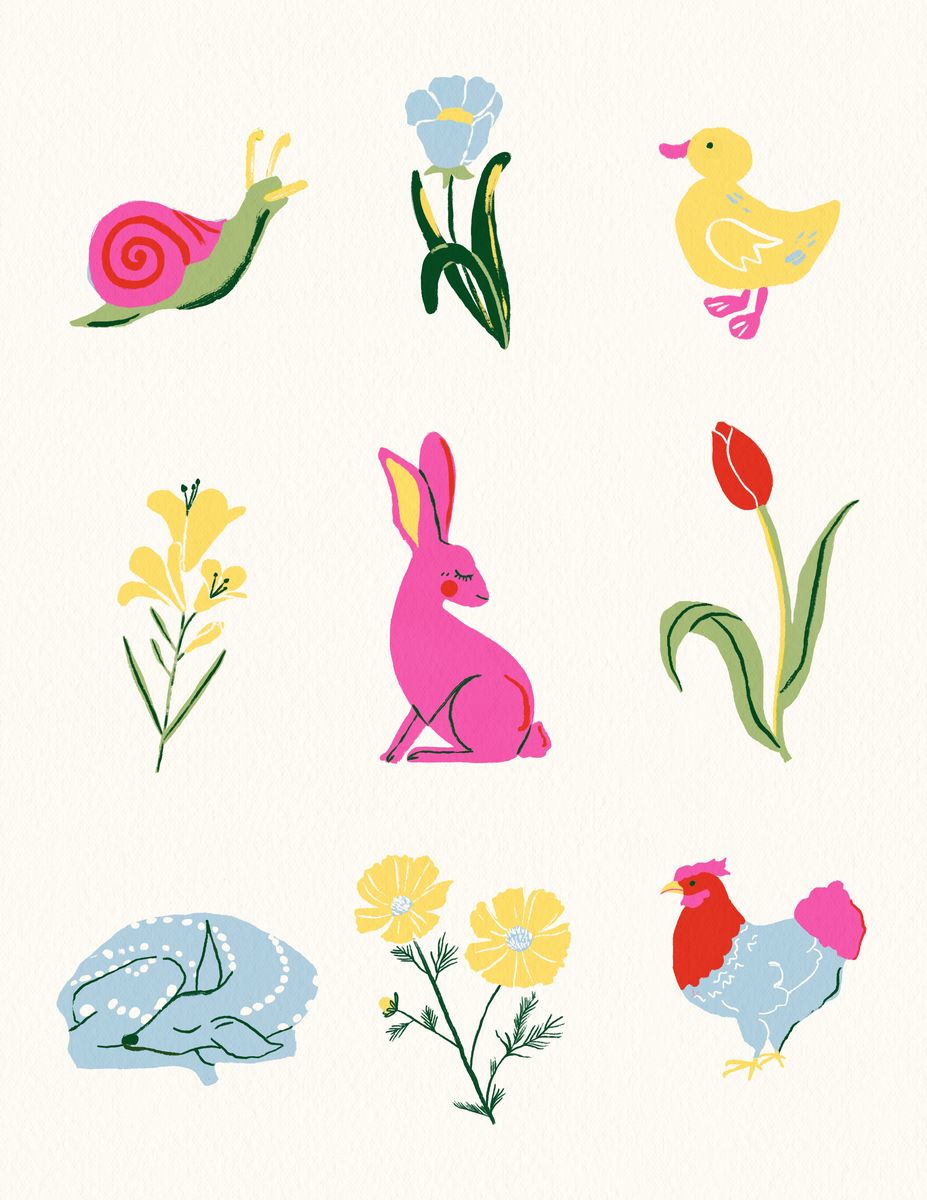 Illustration of spring motifs — a snail, rabbit, duckling, deer, and rooster among flowers