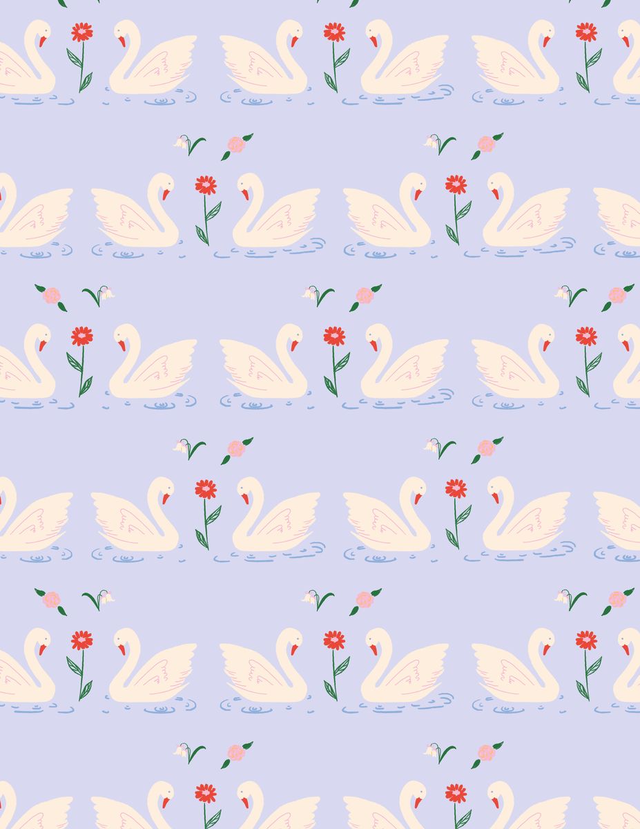 Pattern of cream swans among red and pink flowers on periwinkle blue