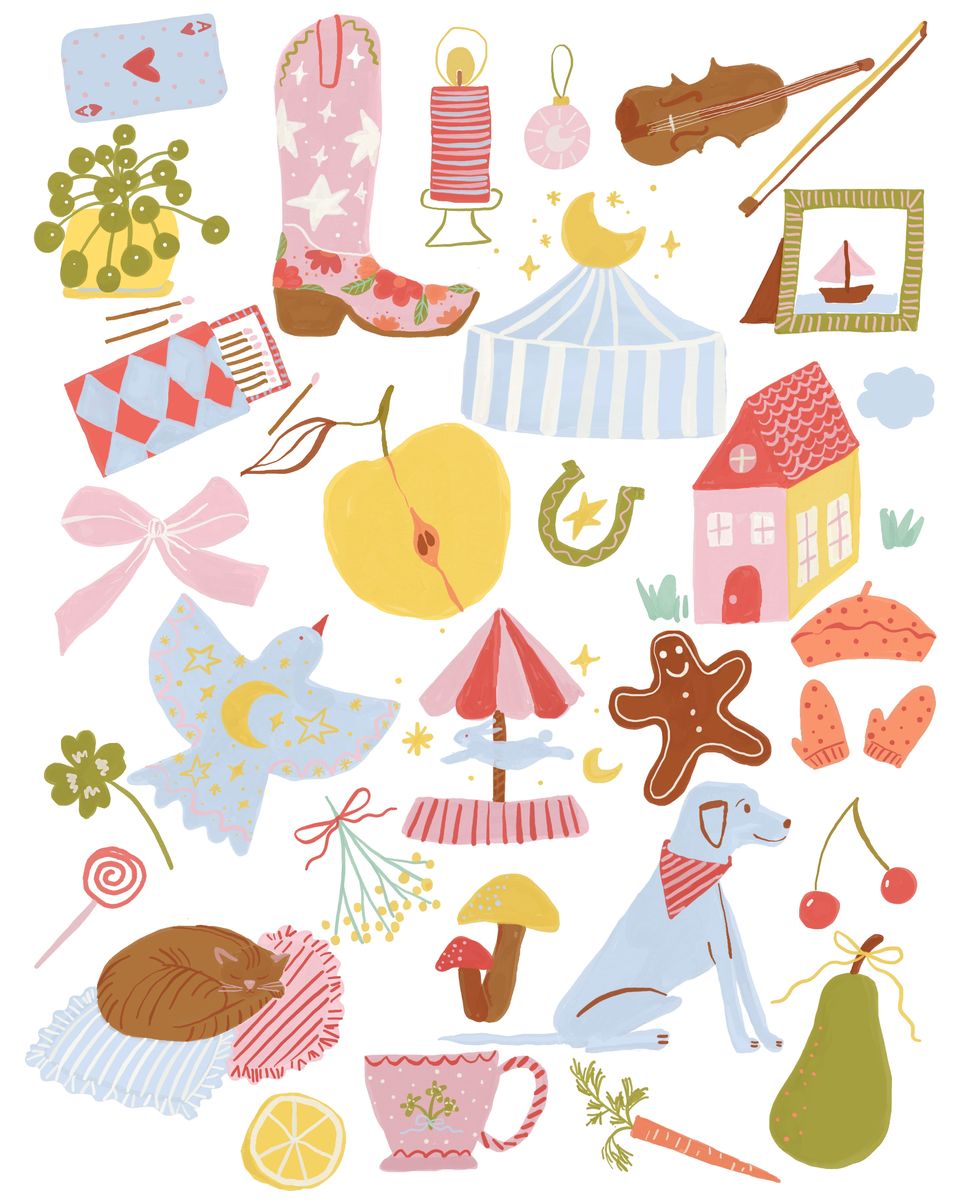 Illustration of whimsical winter objects in blush, sage, and mustard