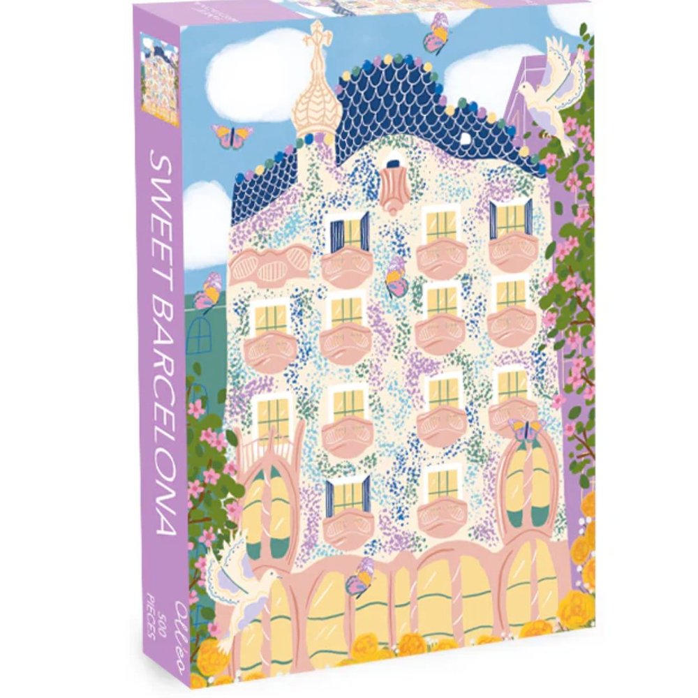 Olleo "Sweet Barcelona" puzzle box illustrating Casa Batlló with butterflies and doves