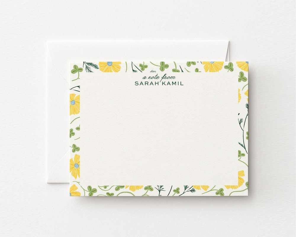 Note card reading "a note from Sarah Kamil" with a yellow and sage floral border
