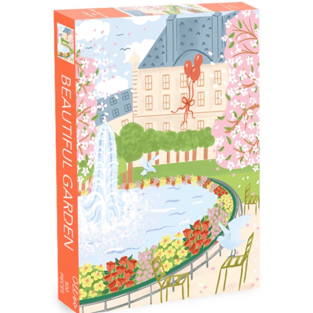 Olleo "Beautiful Garden" puzzle box illustrating a Parisian garden with cherry trees