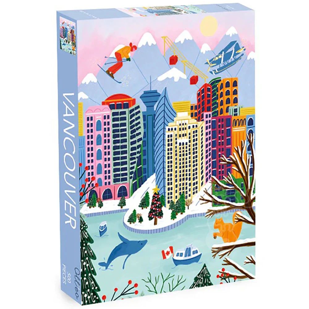 Olleo Vancouver puzzle box illustrating a whimsical winter city scene