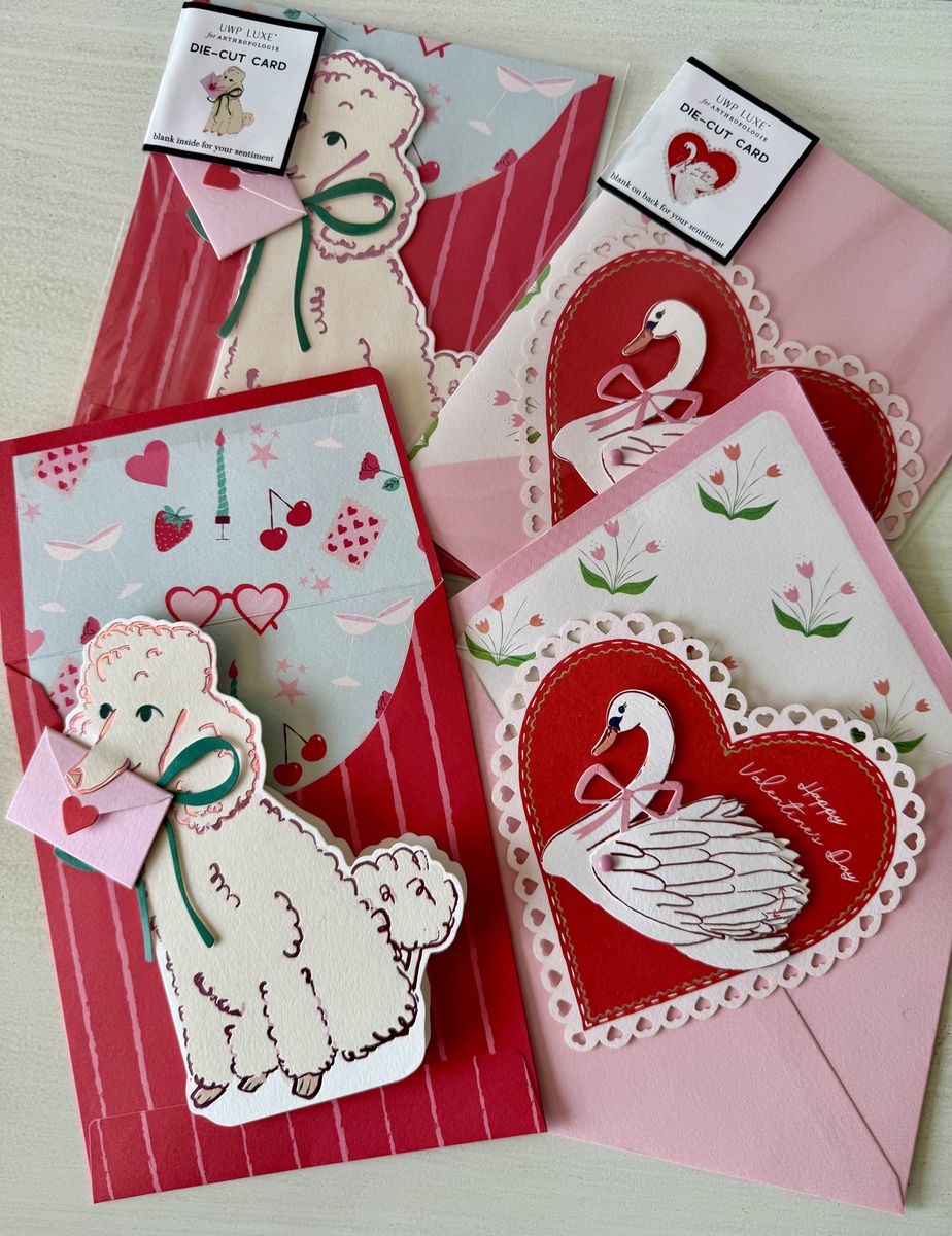 Up With Paper x Anthropologie Valentine's Day cards — poodle and swan designs