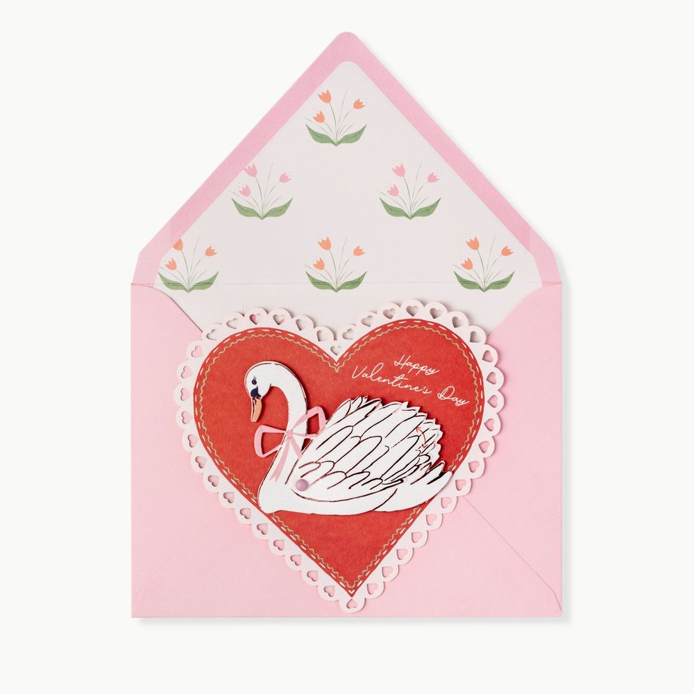 Up With Paper x Anthropologie Valentine's Day card with a white swan on a red heart